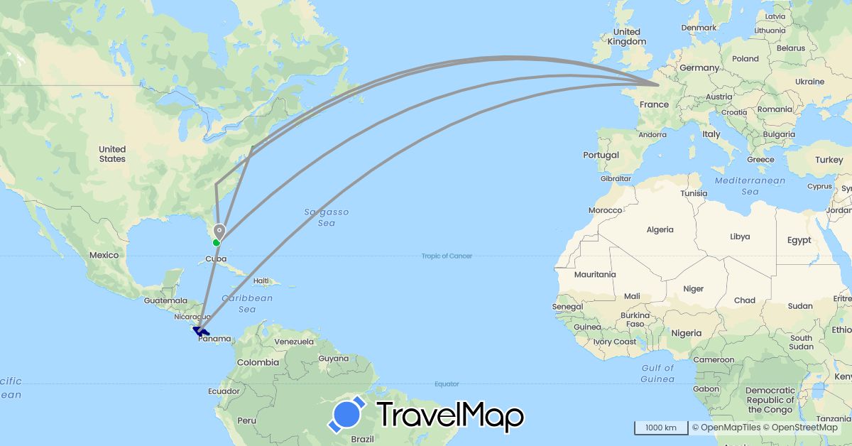 TravelMap itinerary: driving, bus, plane, boat in Costa Rica, France, Panama, United States (Europe, North America)